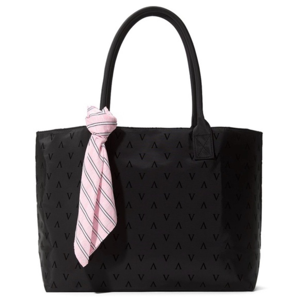 Victoria's Secret Black Velvet Monogram Tote Bag & Pink Satin Striped Scarf NWT